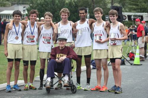 Winners of the 2013 Seeded Varsity race at the Goergetown Prep Classic, the Saint Ignatius Wolfpack, with benefactor Ray Mayer of the class of 1951.